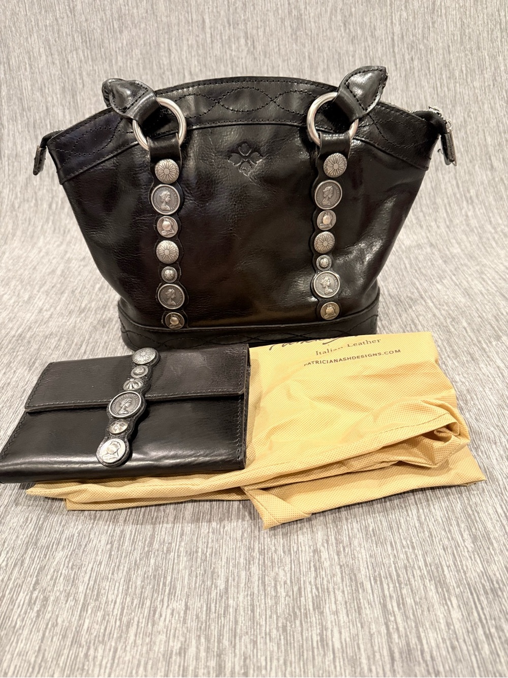Patricia Nash Black Leather Tote and Wallet with Coin-Detail Straps